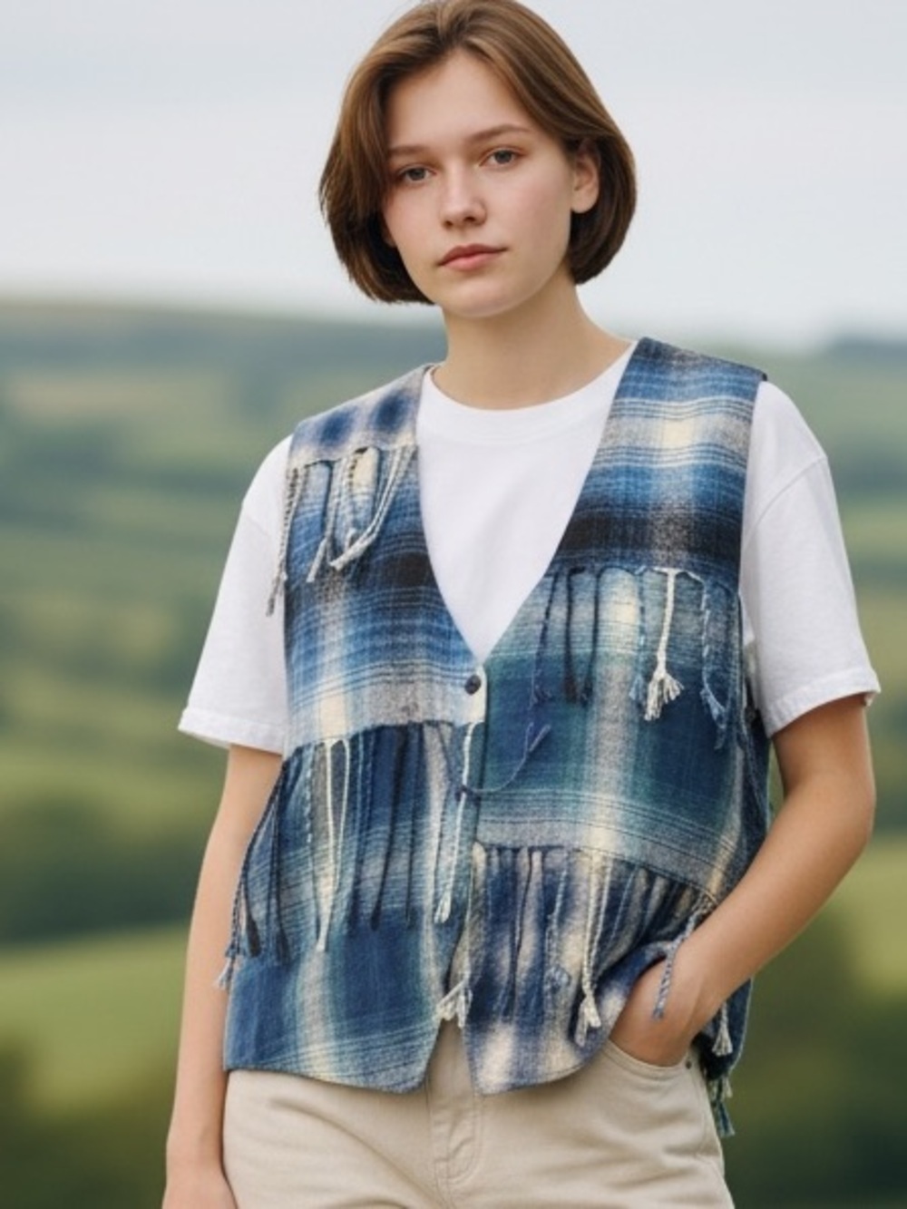 ROSETTES vintage vest, szM, brushed cotton, blue plaid and rope dangles. Buttons